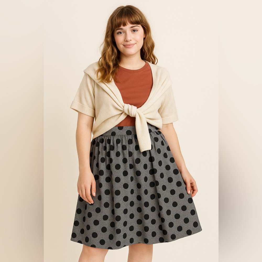 Modcloth Navy Blue Chambray Polka Dot Pleated Flare 50's Skirt EUC Sz S - Picture 2 of 11